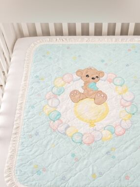 Vintage Precious Moments Blue & Yellow Baby Quilt Blanket Size 38x48